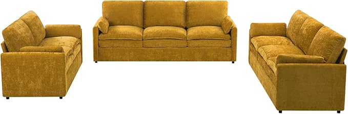 ACMEASE 3 Pieces Chenille Sofa Set w/Arm Pillows, Upholstered Loveseat & 2 Pieces 3 Seater Sofa w/Comfortable Back Cushions, Modern 2-Seat & 3-Seat w/High-Density Foam for Living Room, Yellow