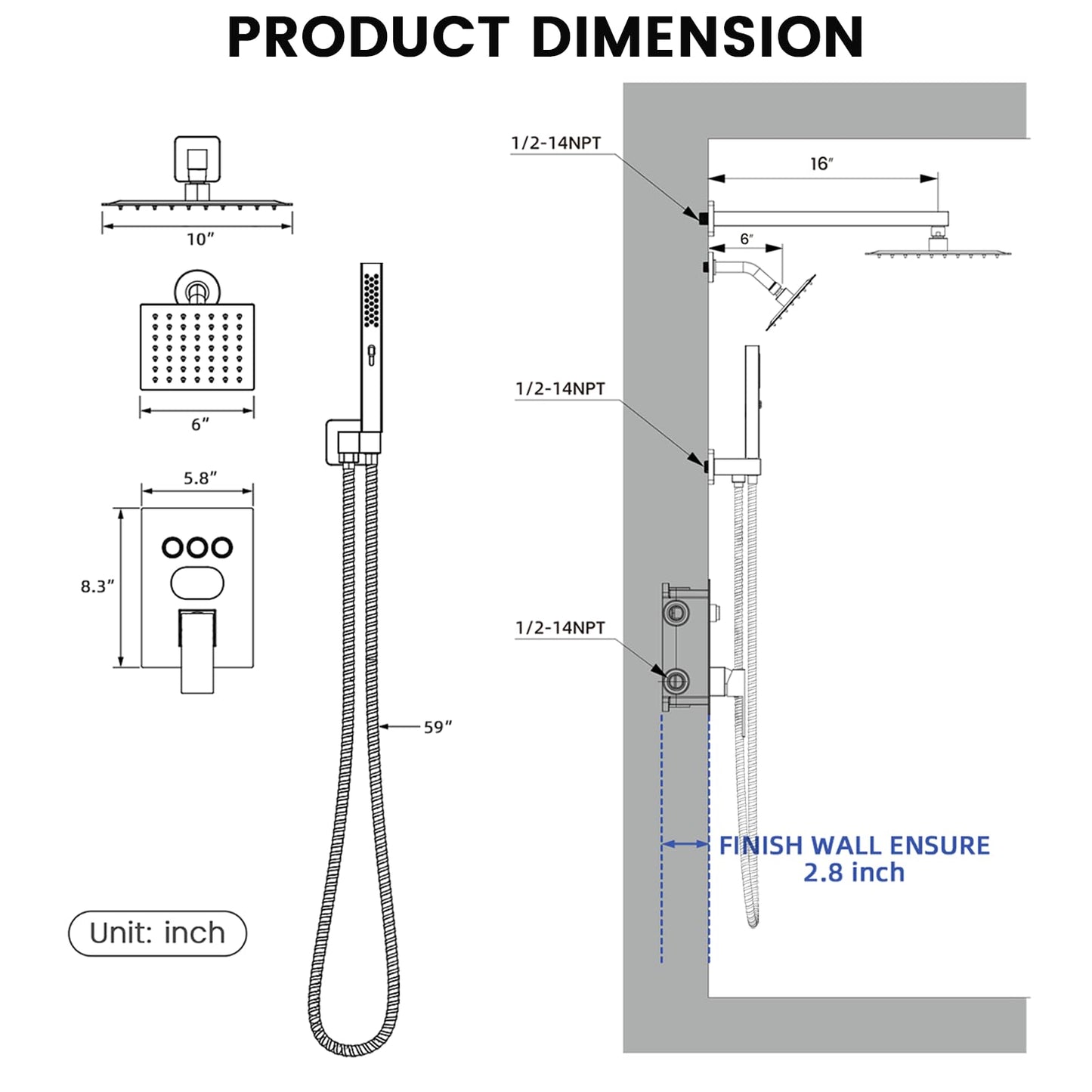Push Button Diverter Shower Faucet Set Hydro Power Temperature Display, Shower System Wall Mounted 10" & 6" Shower Head with 3-Spary Handheld, Shower Fixtures with Valve and Trim Kit, Matte Black