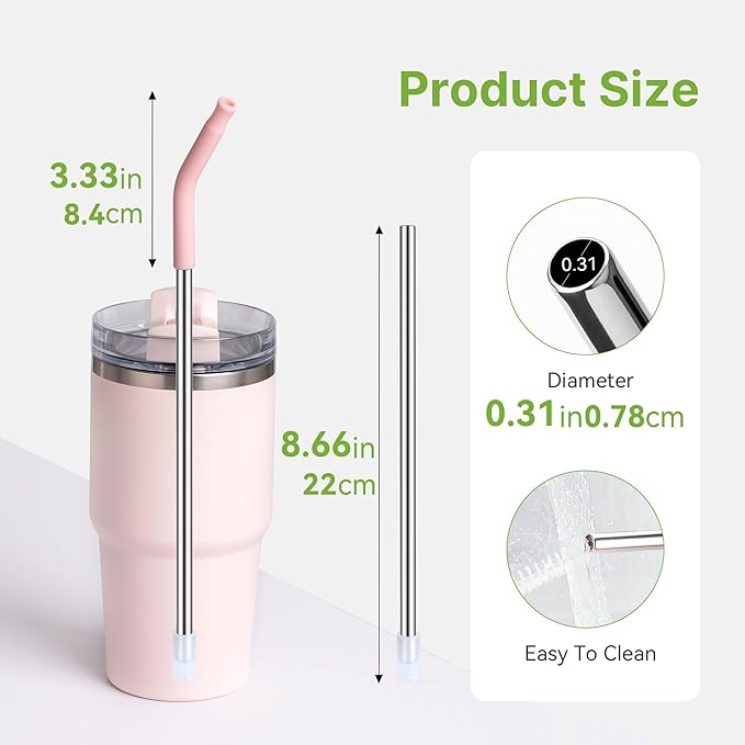 Metal Straws for Stanley Cups 14 oz & 20 oz,Replacement Stainless Steel Short Straw with Silicone Tip Reusable for Stanley Quencher H2.0 Small Tumbler,Dishwasher Safe,100% BPA Free(8.6″ Purplish Pink)