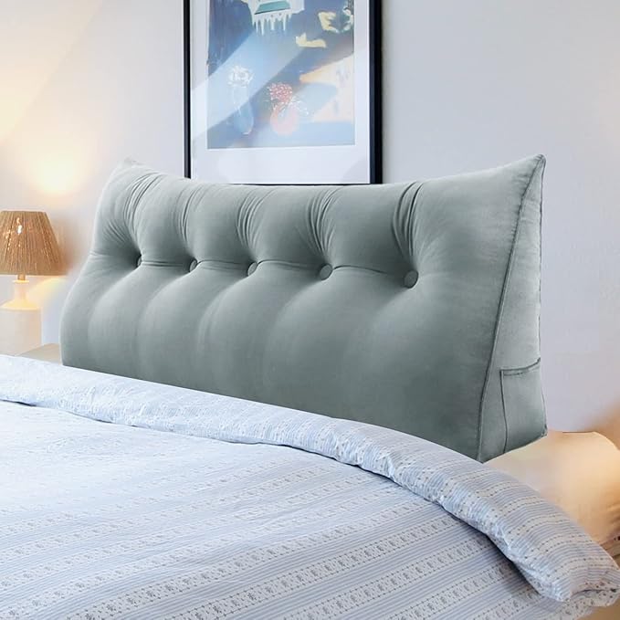 Wedge Headboard Pillow Dorm Room Reading Pillow Back Support for Sitting Up in Bed Bolster Lumbar Cushion Body Positioning Bedrest Gifts for Dad Velvet 59in Light Gray Queen
