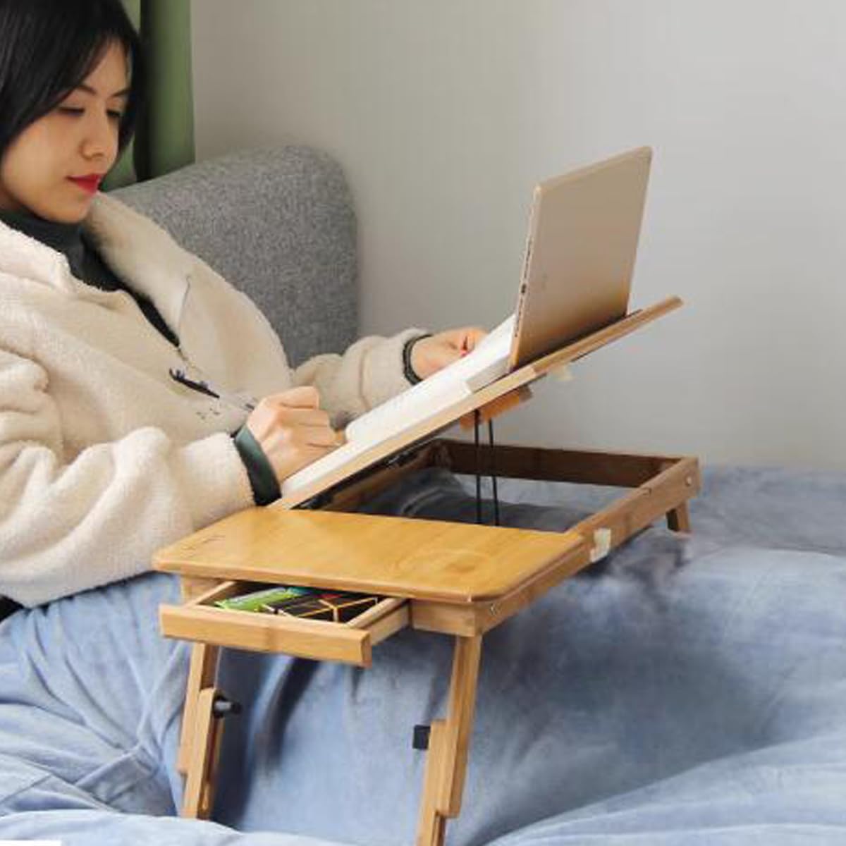 SKYZONAL Laptop Desk Adjustable Bamboo Laptop Table with Fan Drawer Foldable Bed Tray Breakfast Tray Padded Lap Work Tray,for Working Writing Drawing