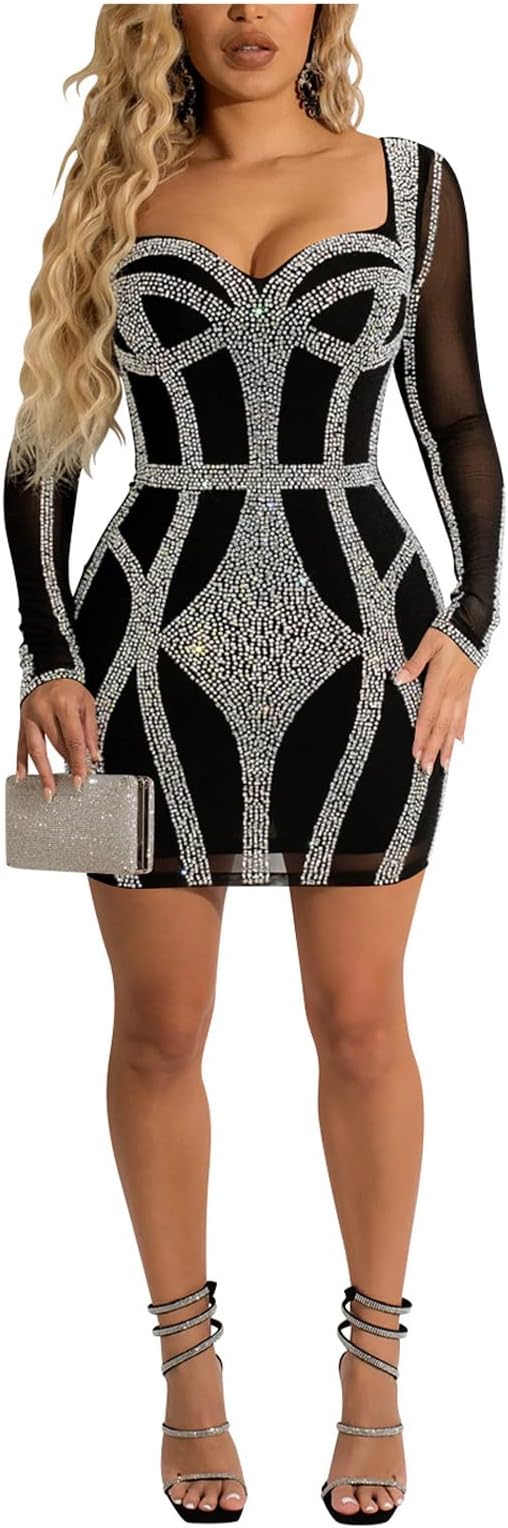 KRICESSEEN Sexy Rhinestone Crystal Mesh Patchwork Sheer Bodycon Dress Womens See-Through Birthday Clubwear Dresses