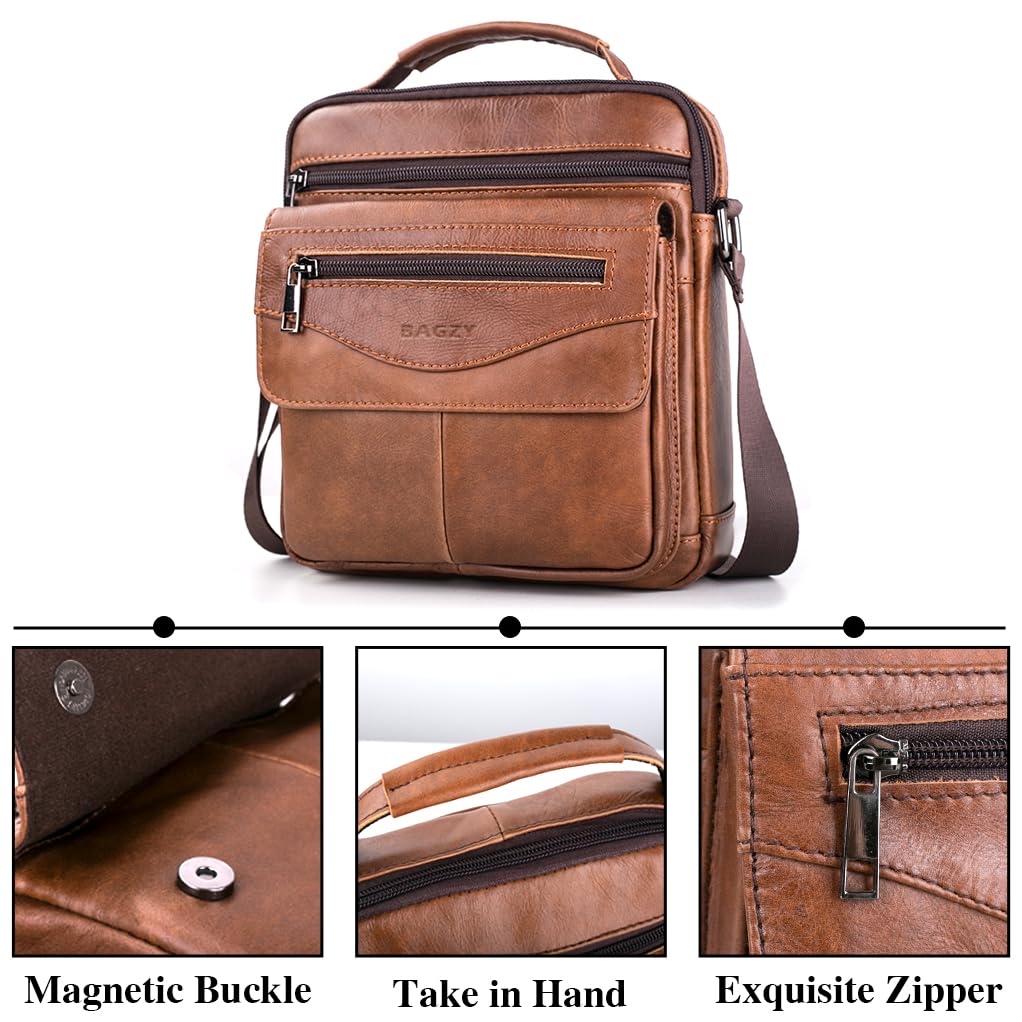 BAGZY Leather Messenger Bag for Men Shoulder Bag for Mens Handbag Crossbody Bag Large Sling Bags for 11 inch IPad Travel Business with Adjustable Shoulder Strap Brown