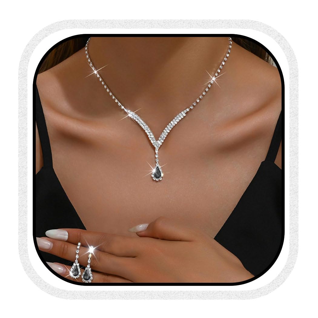 Unicra Bridal Wedding Jewelry Set Silver Rhinestone Necklace Earrings Sets Formal Costume Jewelry for Women and Brides (A-Black)