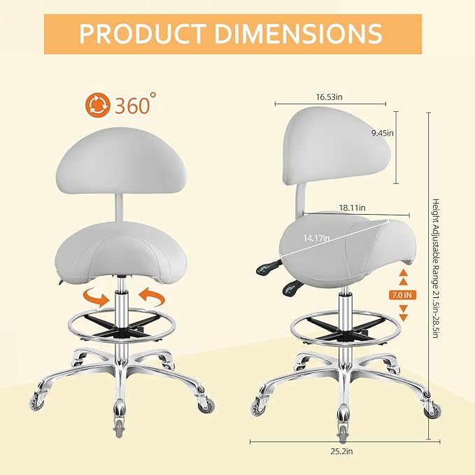 Nazalus Saddle Stool Chair with Back Support Footrest, Heavy-Duty(350LBS), Hydraulic Rolling Swivel Adjustable Stool Chair for Salon Spa Beauty Massage Dental Clinic Home Office Use(White)