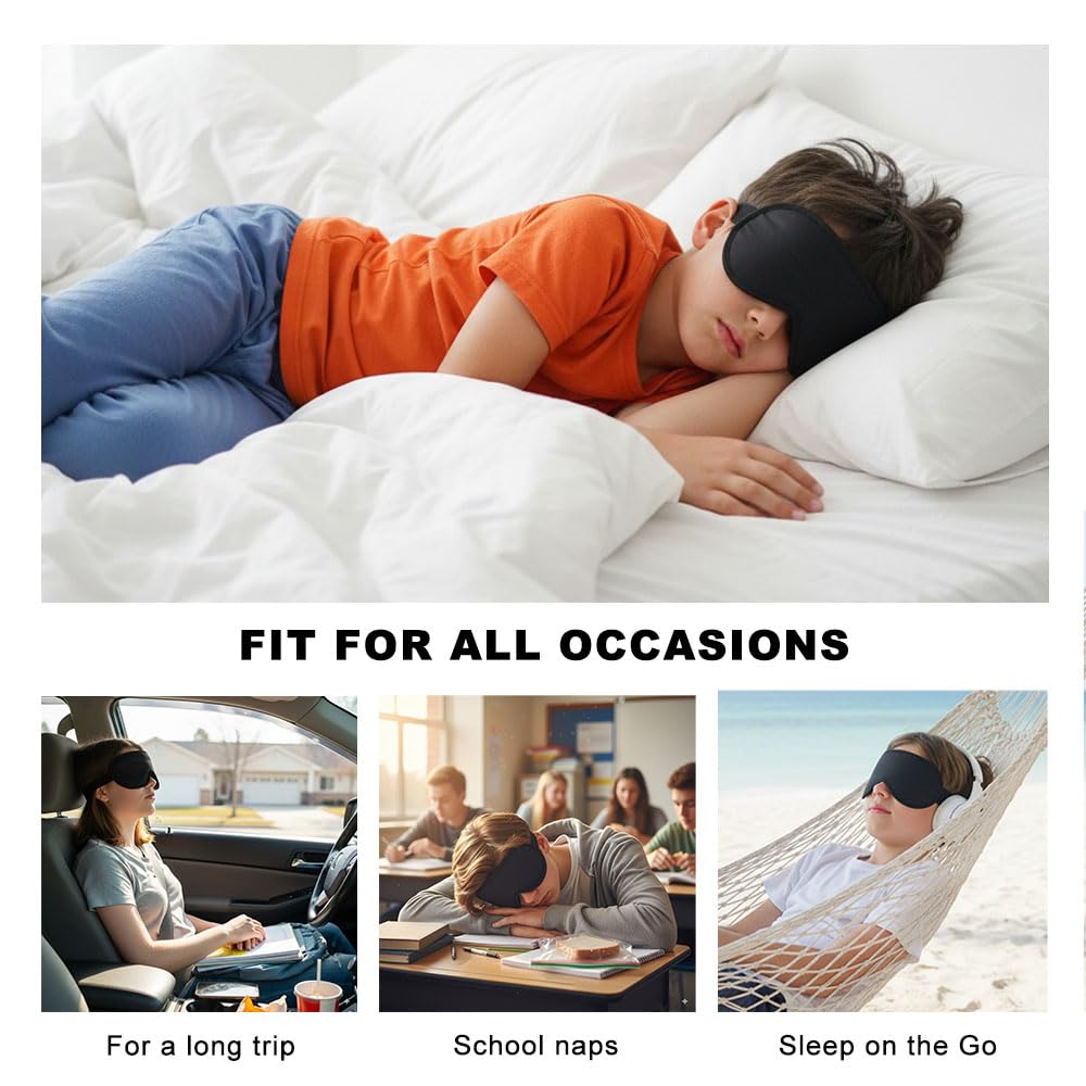 3D Sleep Mask for Kids & Teens (8-18 Years), Zero Pressure & Blackout Eye Cover - Soft Breathable, Adjustable for Travel, Night Use & Deep Sleep