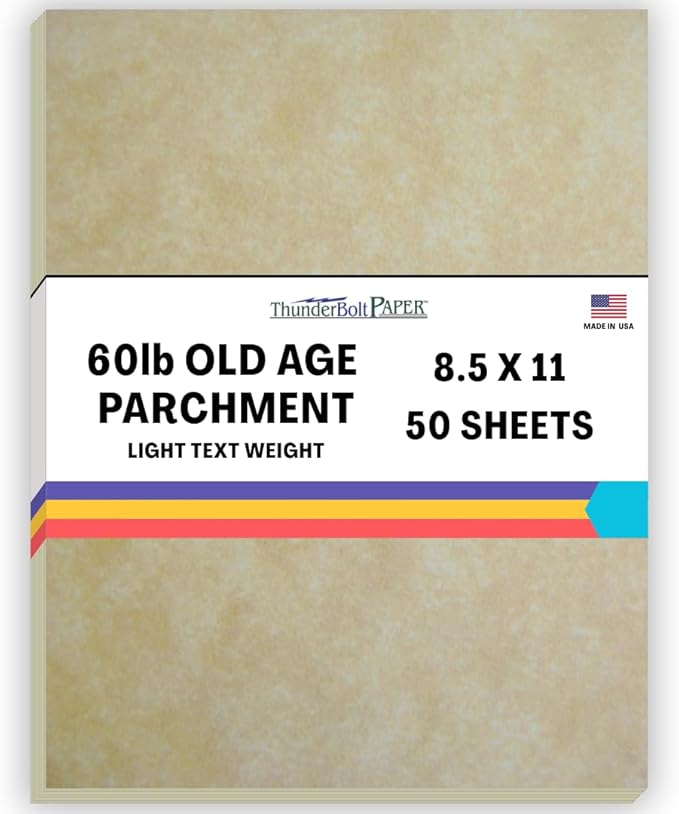 50 Old Age Parchment 60# Text (=24# Bond) Paper Sheets - 8.5 X 11 Inches Standard Letter|Flyer Size - 60 Pound is Not Card Weight - Vintage Colored Old Parchment Semblance