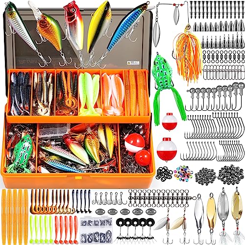 PLUSINNO 353/404 PCS Fishing Lures, Upgrade Fishing Tackle Box with Tackle Included, Crankbaits, Hooks, Weights, Other Acc...