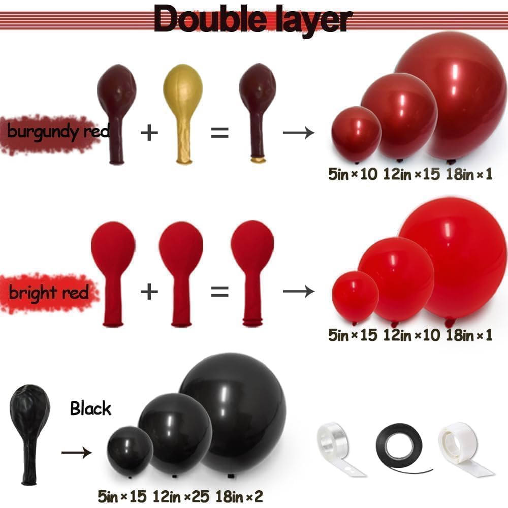 Black Red Balloon Garland Double Stuffed Burgundy Black Balloons Maroon Ruby Red Balloon Arch for Birthday Wedding Halloween Graduation Love Christmas Party Decorations