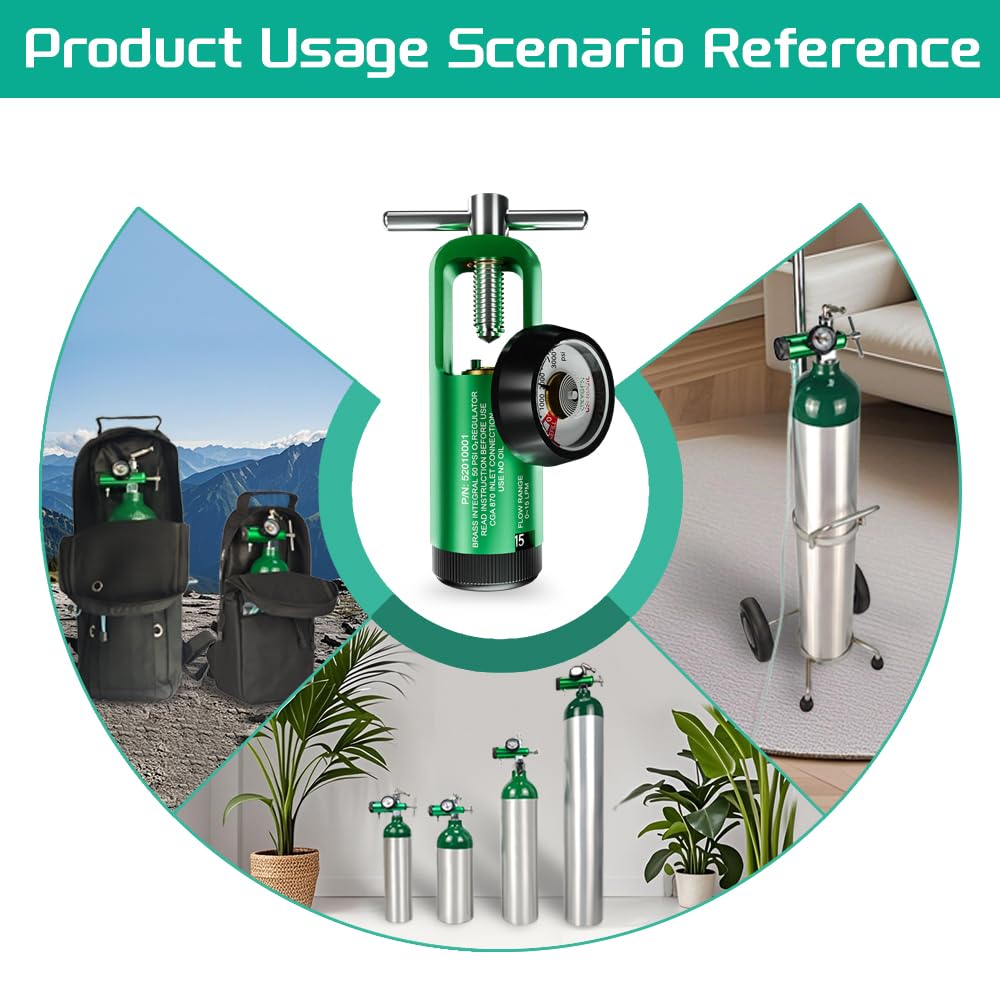 Oxygen Regulator for Oxygen Tank CGA870 Connection, 0-15 LPM, 6 Pack Brass Sleeve Portable O2 Regulator, Each Set Includes 1 Oxygen Regulator, 1 Wrench and 2 Brass Yoke Washer Seals