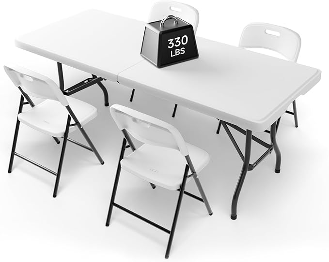 Ortus Collective 6FT Folding Table Set with 4 Folding Chairs, Heavy Duty 330 lbs Table & 600 lbs Chairs, Portable Folding ...