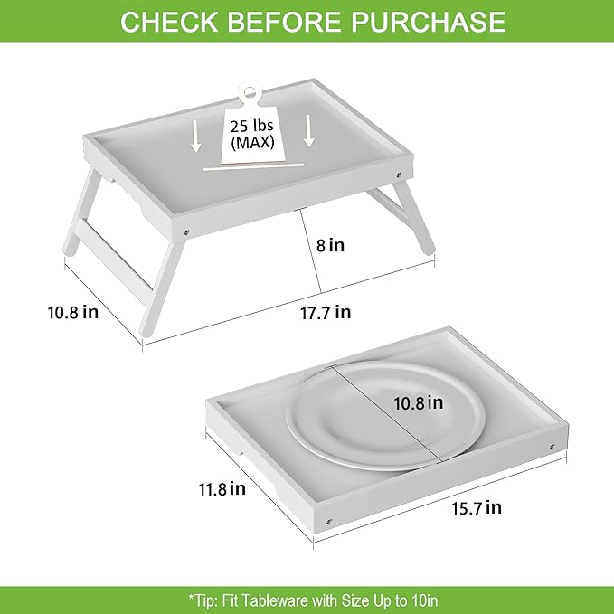 Youpehom Bed Tray Table with Folding Legs,Bamboo Breakfast in Bed for Kitchen Serving Tray,Sofa,Eating,Used As Laptop Desk Snack Tray 2 Pack (White)