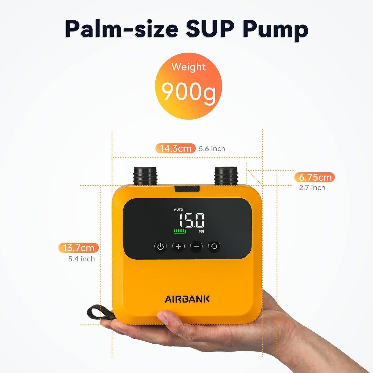 AIRBANK Mini Paddle Board Pump Pulse Pro, Small Rechargeable SUP Pump Electric Portable, Brushless Motor, MAX 20PSI, Fast Inflation Air Pump for Kayak, Inflatables, Boats, Tent, Kite Wings (Orange)