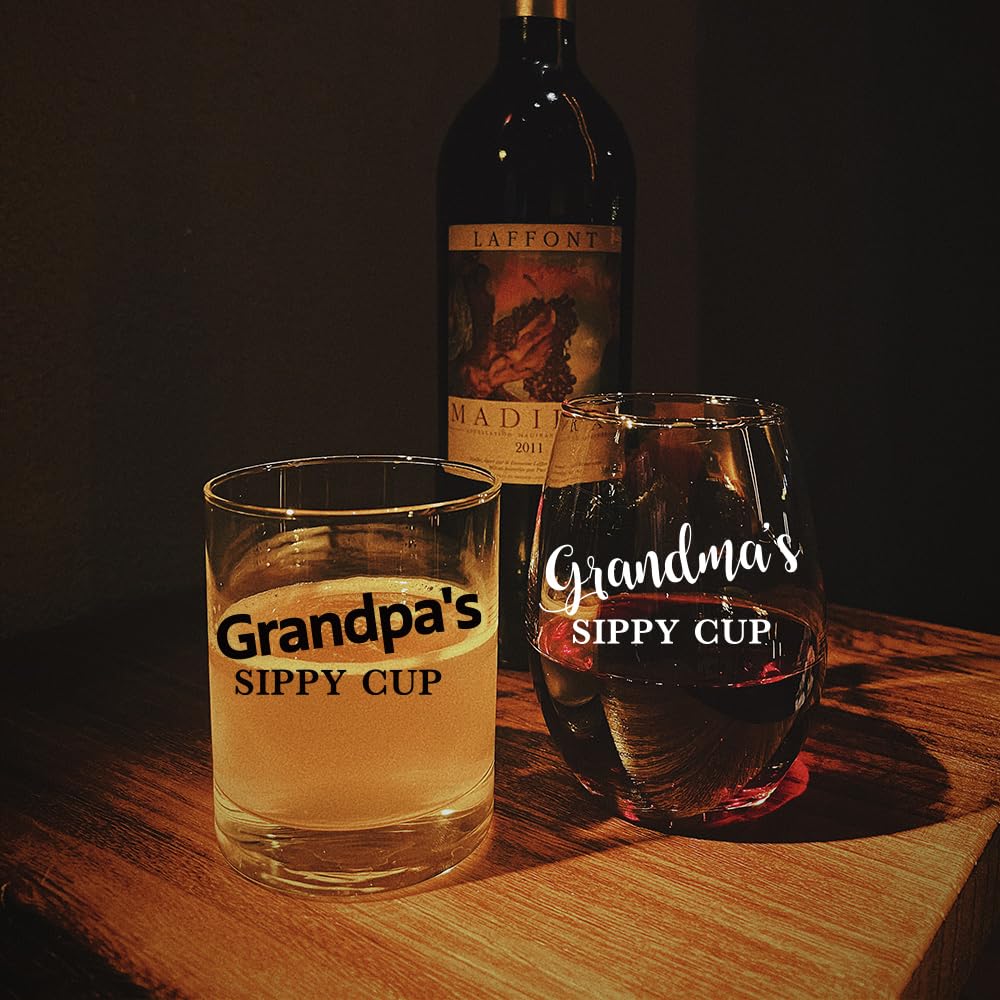 QIMIUTB Grandparents Gifts,Grandparent's Sippy Cup Wine & Whiskey Glass Gift Set, Funny Gag Father's Day Mother's Day Birthday Christmas Thanksgiving Valentines Gift for Papa Dad Mom7