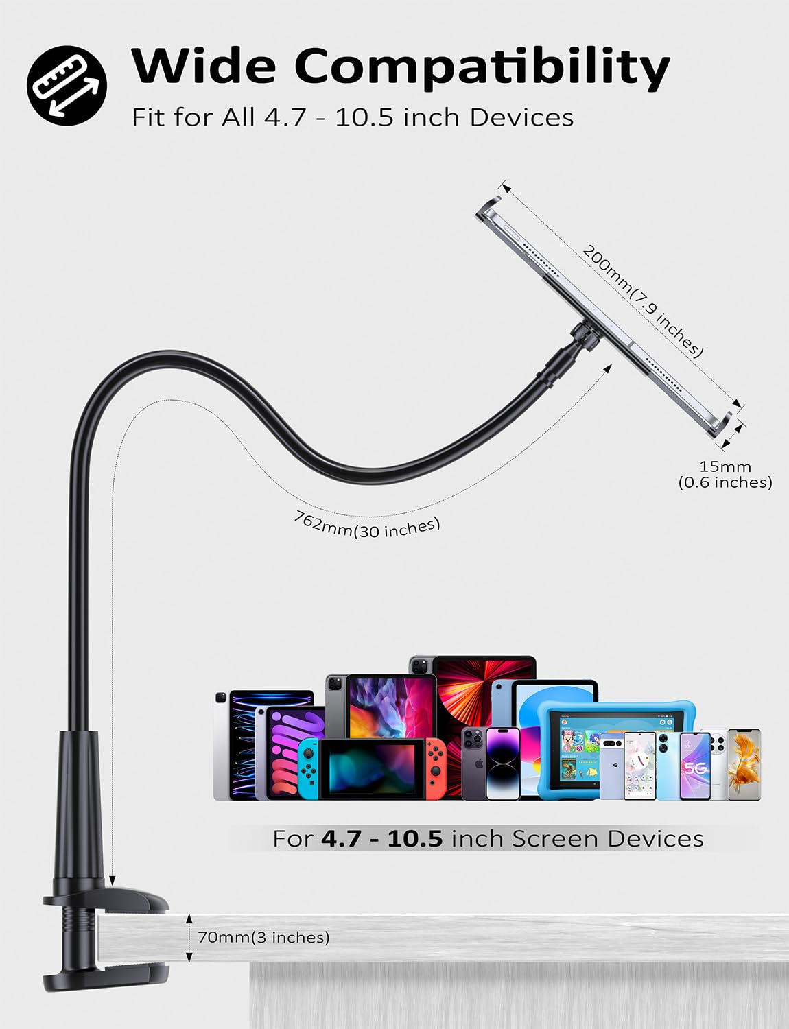 Tryone Gooseneck Tablet Holder Stand For Bed Adjustable Flexible Arm Tablets Mount Clamp On Table Compatible With Ipad Air Mini