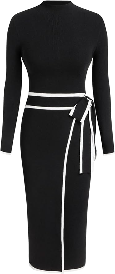 CIDER Sweater Dress for Women Long Sleeve Dress Mock Turtleneck Bow Tie Midi Work Dresses Old Money Dresses Fall Winter