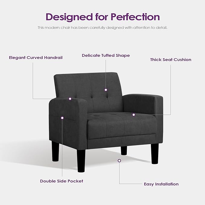 TYBOATLE Sofa Couch, Living Room Furniture Sectional Sofa Sets 2 Pcs, Tufted Mid-Century Loveseat w/USB, Cupholders & Comfy Single Sofa for Small Space, Apartment, Office (Dark Grey)