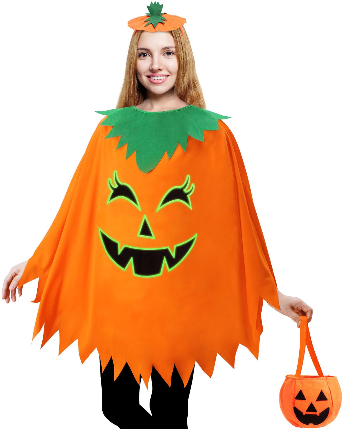 Snwquik 3 Pcs Pumpkin Costume for Adult,Glow in the Dark Pumpkin Costume Women with Headband/Bag,Pumpkins Halloween Costume Dress Up