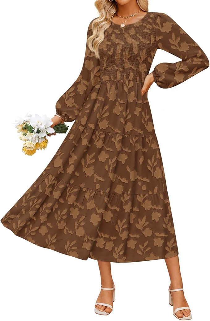 ZESICA Women's Fall Boho Floral Midi Dress 2026 Casual Long Sleeve Crewneck Flowy Wedding Guest Long Dresses