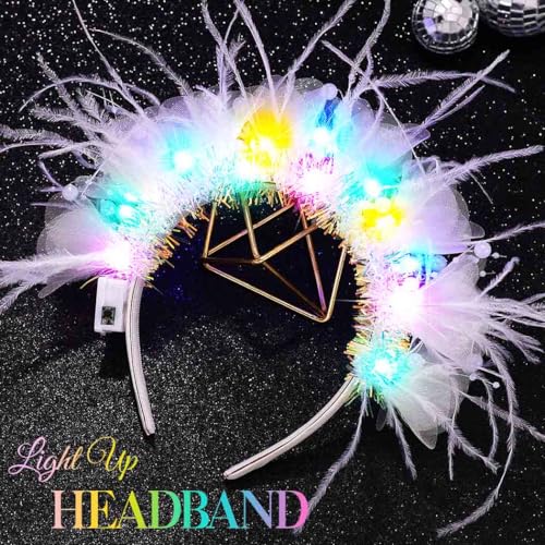 Latious LED Crown Headband White Light Up Feather Headpiece Glow Rave Headbands for Bride and Women (White-Colorful Light)