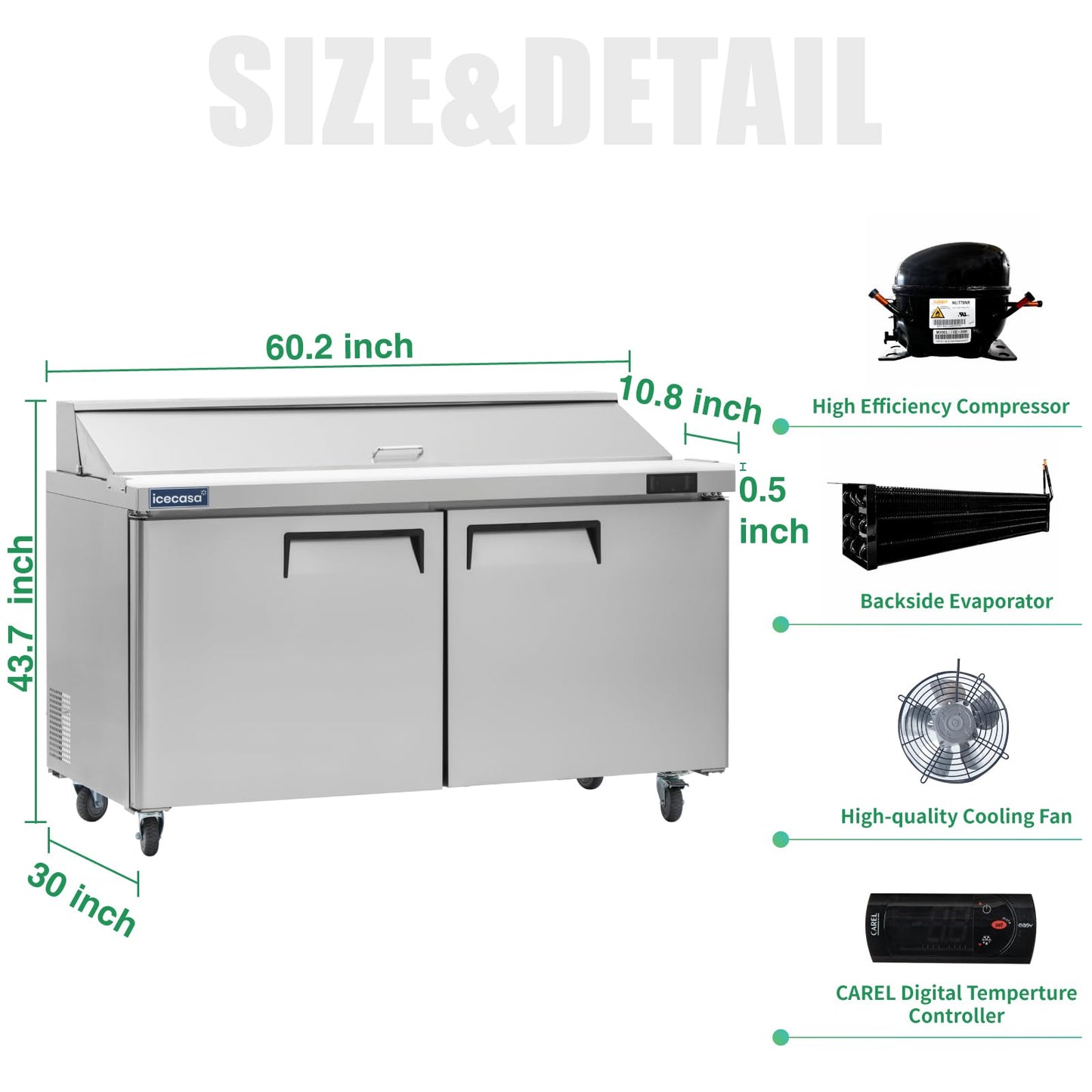 ICECASA 60" W Commercial Refrigerator Sandwich&Salad Prep Table single Door Stainless Steel Counter Fan Cooling Refrigerator with 16 pans-60 Inches for Restaurant, Bar, Shop, etc