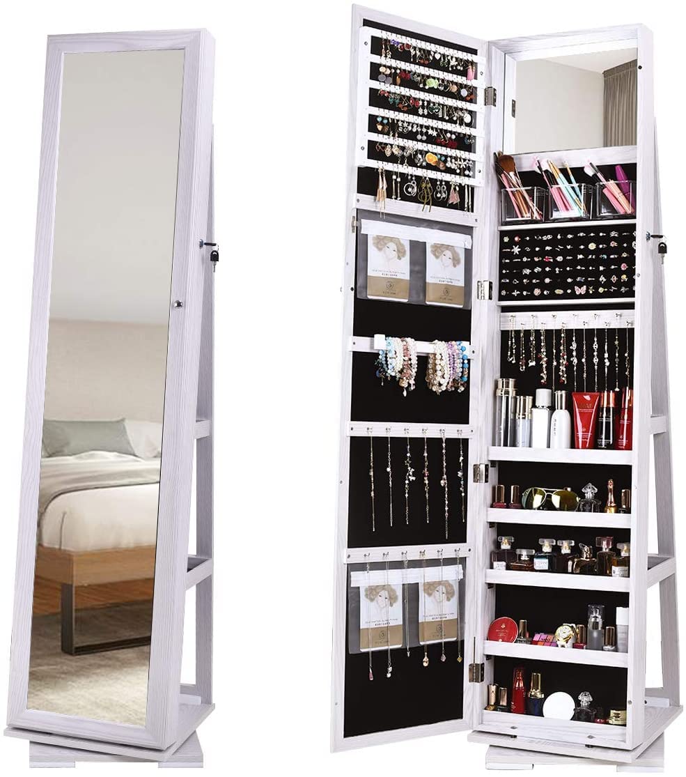 sogesfurniture Lockable Floor Standing Wooden Jewelry Armoire with Full Length Mirror 360°Rotatable Jewelry Organizer Cabinet Lockable with Storage Shelf, White BHUS-QH-7021C