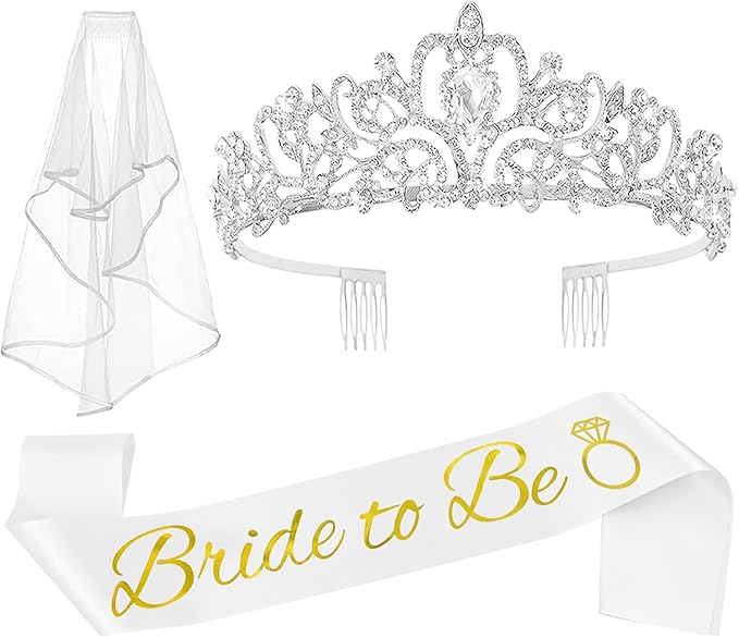 JETKONG 3 Pcs Bachelorette Party Decorations Bridal Shower Crown, Bride to Be Sash&Veil for Women Bachelorette Party Gift...