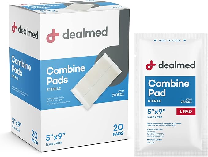 Dealmed Abdominal Combine Pads 5"x9" (20-Pack) Sterile Individually Wrapped, ABD Pads, Absorbent, Non Adherent for Wound C...
