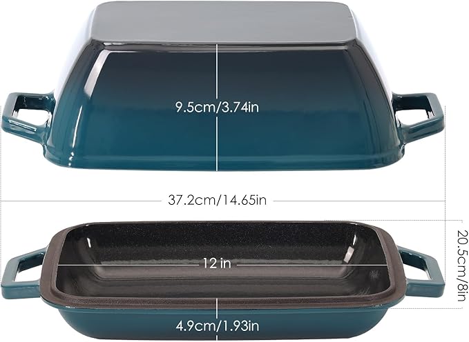 Cast Iron Dutch Oven for Bread Baking 12x8 Inch Enameled Bread Oven with Lid 6QT Cast Iron Bread Dutch Oven for Sourdough，DarkCyan