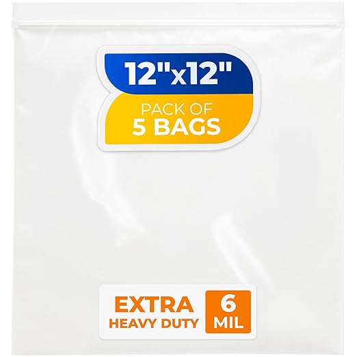 12" x 12" Large Zip Seal Lock Bags, 6 Mil (Pack of 5) – Heavy-Duty Reclosable Plastic Bags – Clear, Resealable, Waterproof – For Storing and Organizing Clothes, Jewelry, and Travel Items
