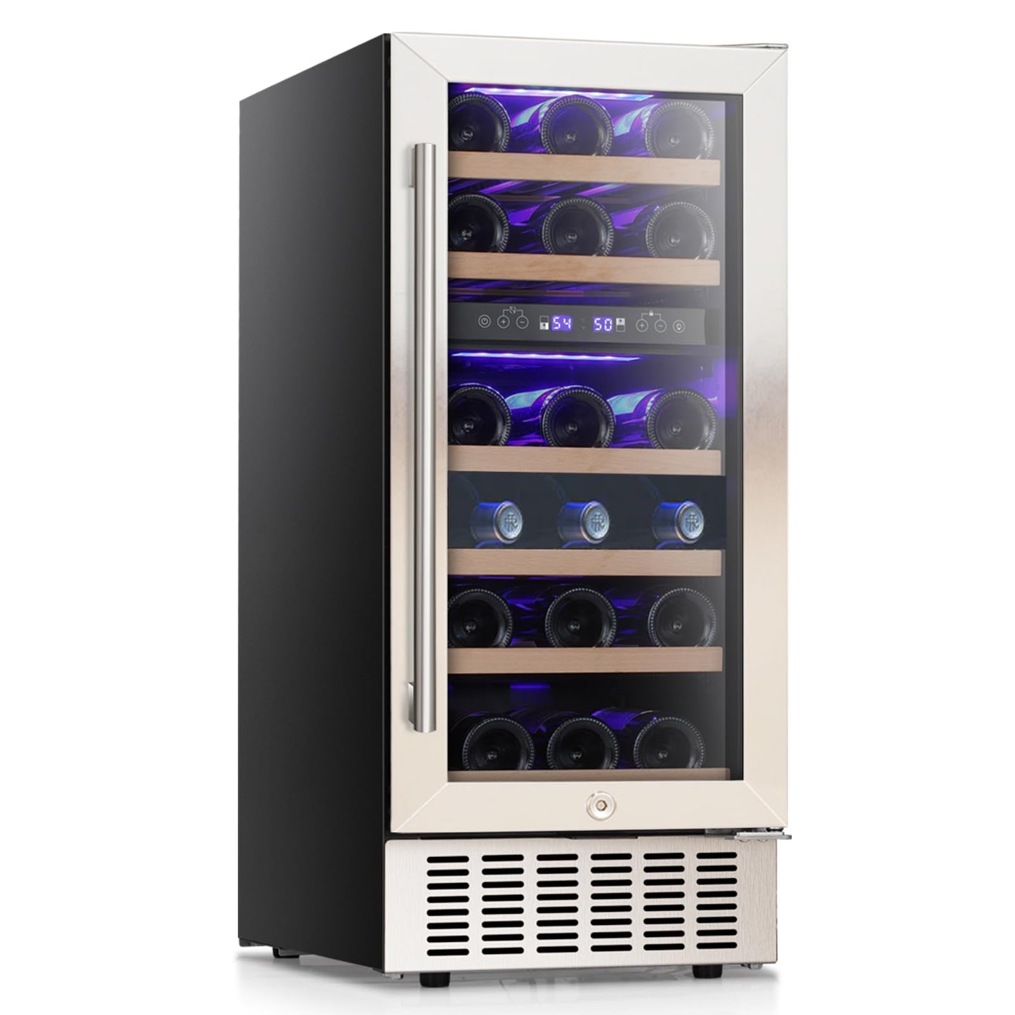 COWSAR 28 Bottle Wine Fridge, Commercial Dual Zone Beverage Refrigerator, Independent Temp, LED, Under Counter Drink Wine Cooler Chiller with Stainless Steel Frame, Double-Layer Tempered Glass Door