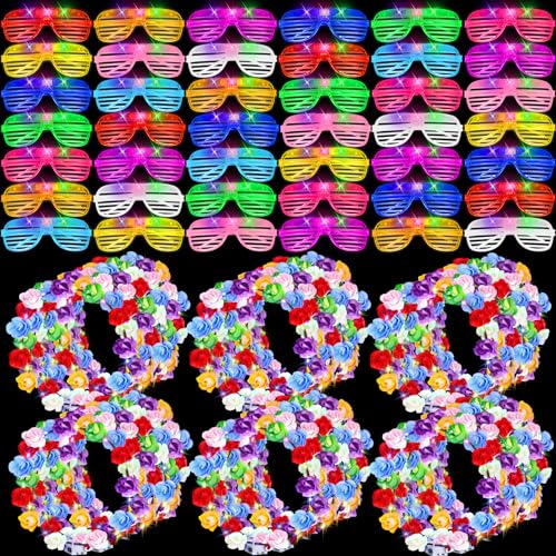 80 Pcs Glow in the Dark Party Supplies Light Up Party Favors 40 LED Light Up Glasses 40 LED Flower Crown Headband Glowing ...