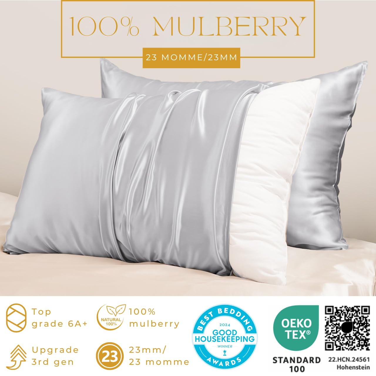 PROMEED 100% Mulberry Silk Pillowcase for Hair and Skin with Zipper, Both Sides Pure 23 Momme Silk Pillow Case, Grade 6A+ Real Silk Case (Standard 20"x26", Light Grey)