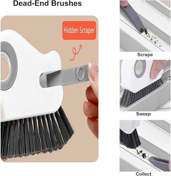 2 in 1 Groove Cleaning Brush Window Track Cleaning Tools, Multifunction Crevice Brush with Hard Bristle and Hidden Scraper, Kitchen Brush Window Track Cleaner for Sliding Door Track, Sill (Grey)