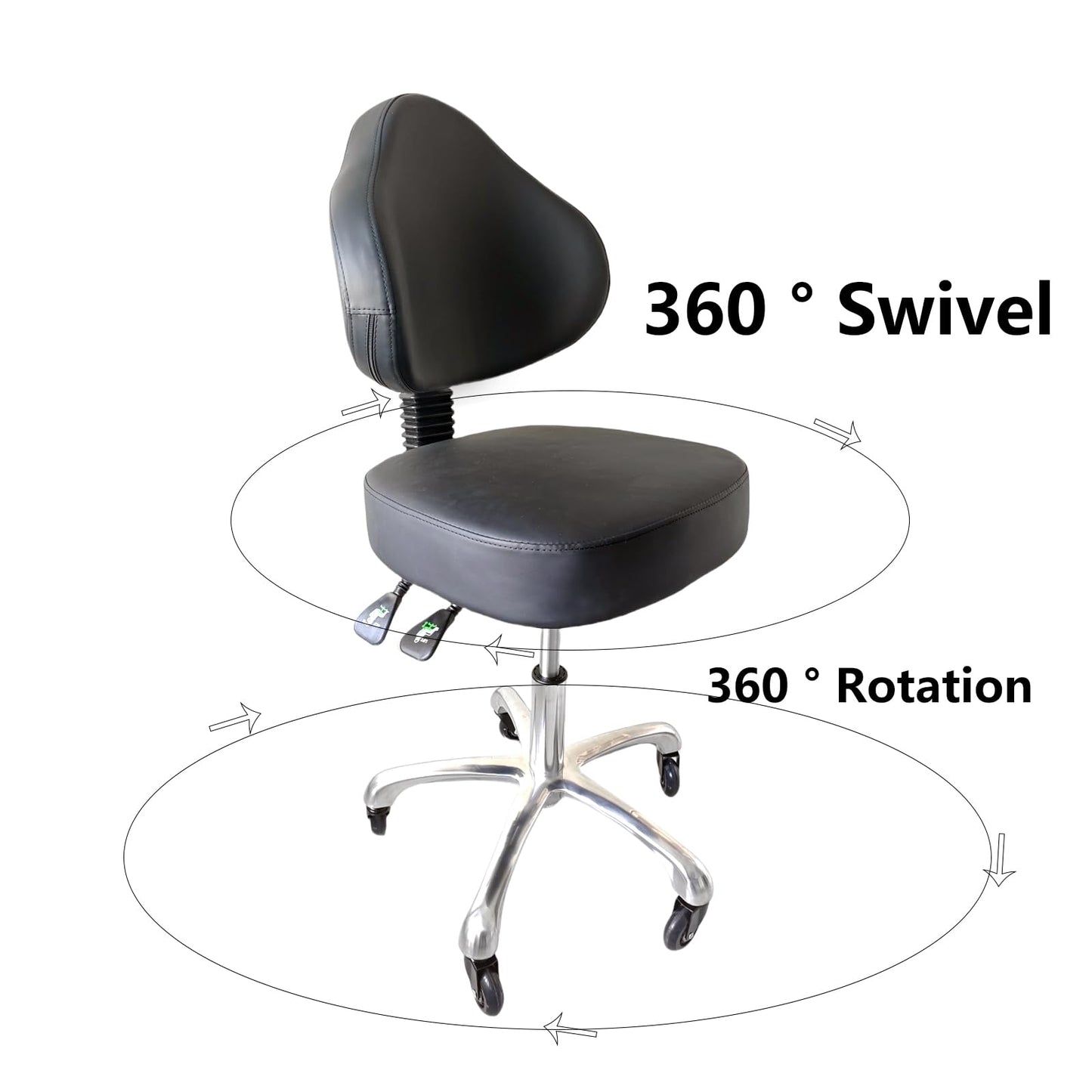 Cadiario Rolling Stool Heavy Duty Super Soft Seat Cushion 360°Swivel Supported Backrest Adjustable Height Upgraded Salon Stool Chair,Tattoo Facial Massage Spa Medical Home Office Black