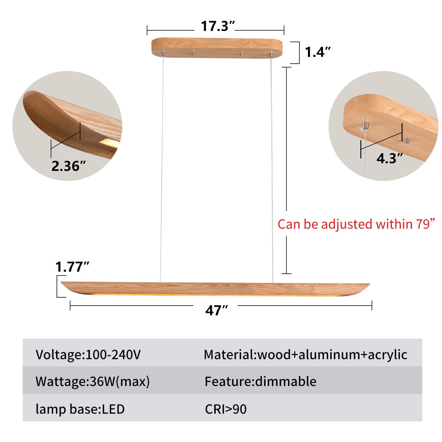 47" Wood Linear Pendant Light LED Pendant Lights Dimmable Pool Table Island Lights Modern Linear Chandeliers for Dining Room Kitchen Ceiling Pendant Lamp for Kitchen Island Pool Table Natural