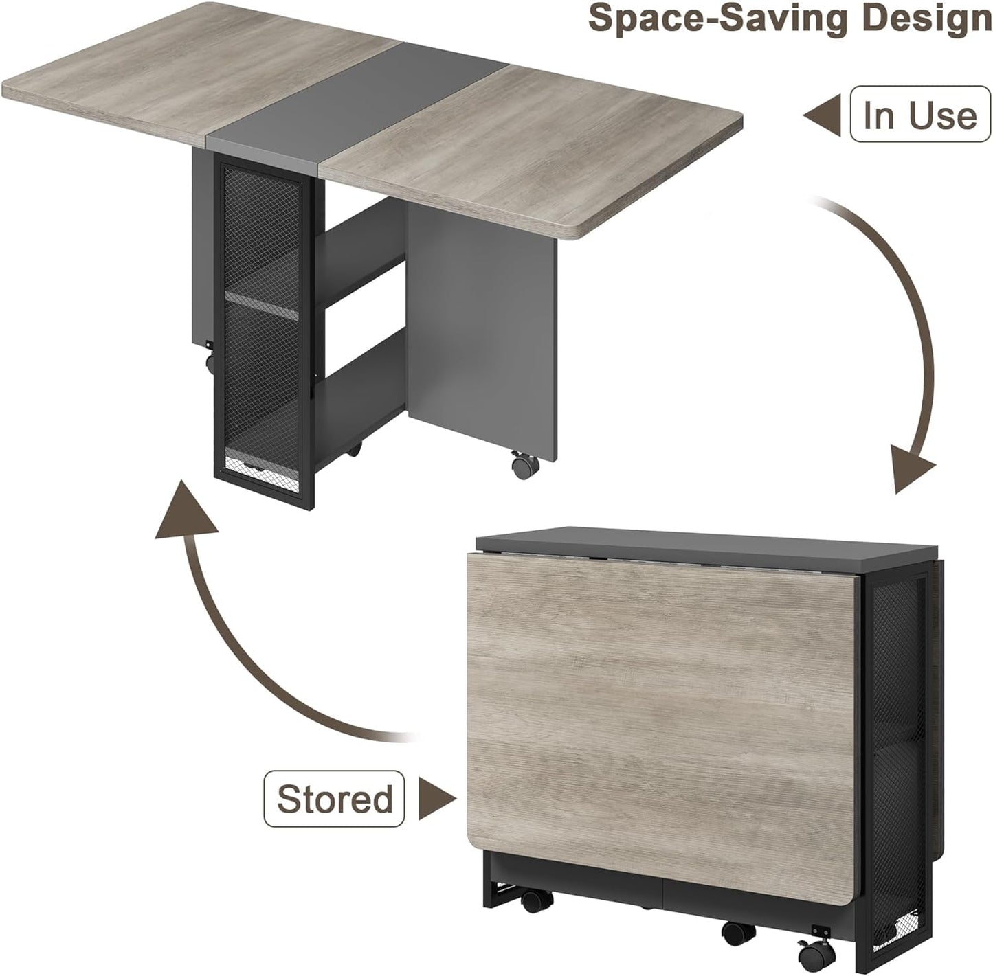 IDEALHOUSE Folding Dining Table, Drop Leaf Dining Table with 6 Wheels and 2-Layer Storage Shelf, Space Saving Dining Table for Small Spaces (Carlo Grey, 50.1" D x 31.4" W x 29.5" H)