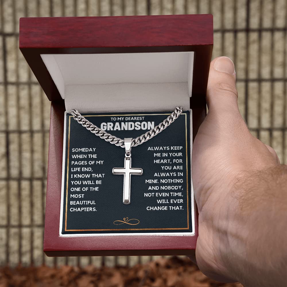 FG Family Gift Mall Grandson Birthday Gifts From Grandma Present For Grandson From Grandmother To My Grandson Necklace From Grandparents Cross Chain with Message Card and Gift Box, Stainless Steel,