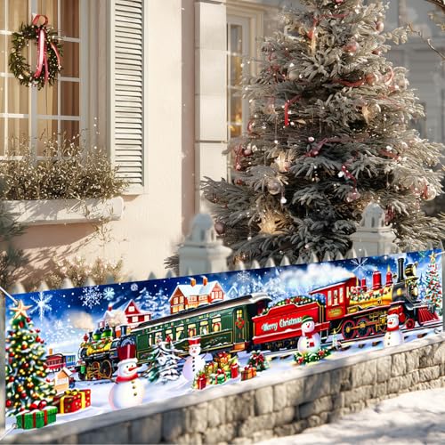BlissYard Merry Christmas Long Horizontal Banner Backdrop Holiday Winter Wonderland Christmas Train Photography Background...