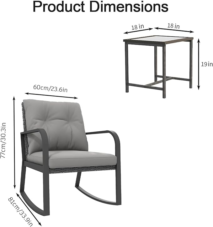 HLNPTN 3 Piece Rocking Bistro Patio Set, Outdoor Rocking Chair, Outdoor Bistro Sets Wicker Patio Furniture Rocking Chairs Sectional Couch with Tempered Glass Top Coffee Table & Cushions, Grey