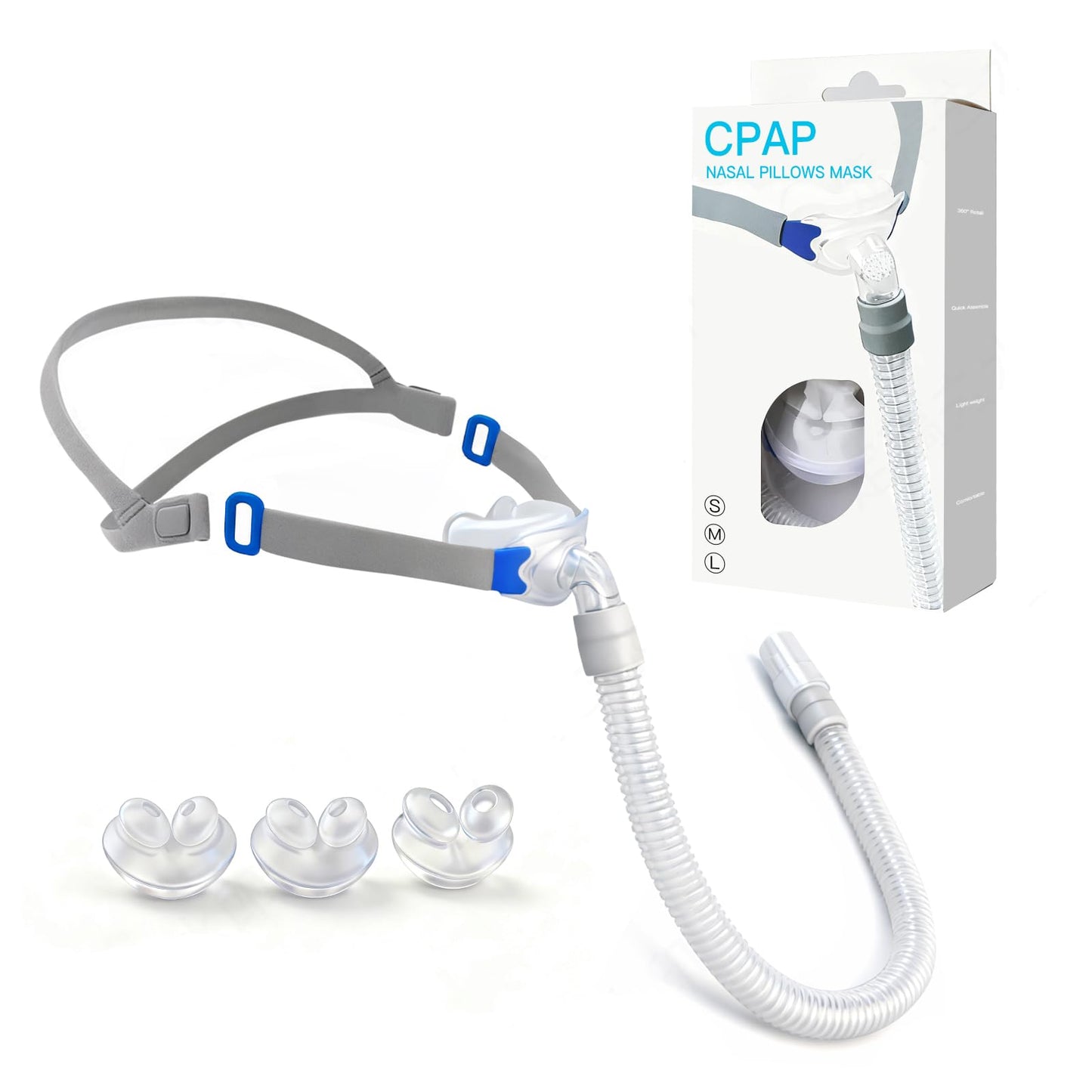 Chic Tree CPAP Nasal Pillow Mask, Nasal Pillow Set with Detachable Headgear, Frame, Tube and 3 Different Sizes of Nasal Pillows(S,M,L)