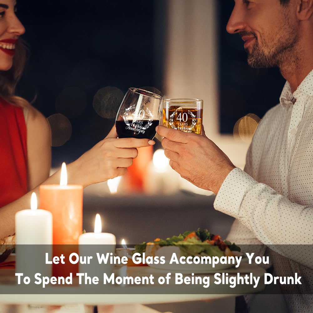 Perfectinsoy 40 Years Happy Anniversary Whiskey Glass and Stemless Wine Glass Gift Set, 40th Anniversary Wedding Gift For Mom, Dad, Soulmate, Couple, 40 Years Gifts, Happy 40th Anniversary