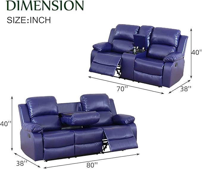 Caberryne 2 Pieces Leather Recliner Sofa Set，Recliner Sofa and Loveseat Sets for Living Room Furniture，Purple Reclining Couch with 4 Recliners for Living Room/Office/Theater Seating(Sofa Set 2 Pieces)