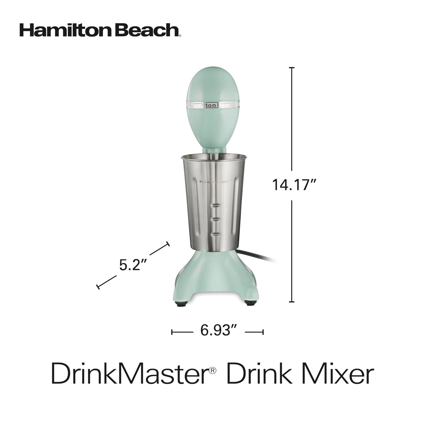 Hamilton Beach DrinkMaster Electric Drink Mixer, Retro Milkshake Maker & Milk Frother, 2 Speeds, Extra-Large 28 oz. Stainless Steel Cup, Mint