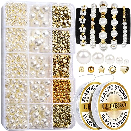LEOBRO Pearl Beads for Bracelets, 720PCS Bracelet Making Kit for Adult, Bracelet Bead Kits, Small Pearl Beads and Gold Bea...