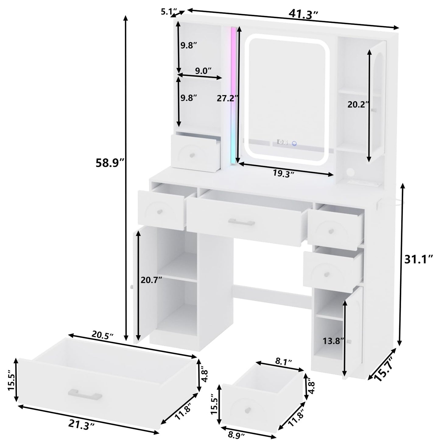Fameill White Vanity Desk with Mirror,Makeup Vanity with RGB Lights & Power Strip,Makeup Desk Vanity Table with 5 Drawers Lots Storage & Time Display,3 Lighting Modes LED Lighted Mirror,41.3in(L)