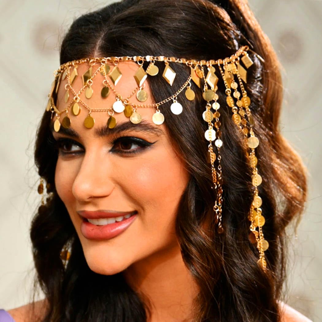 Kilshye Gold Head Chain Sequin Tassel Headpiece Hair Chains Festival Costume Headband for Women