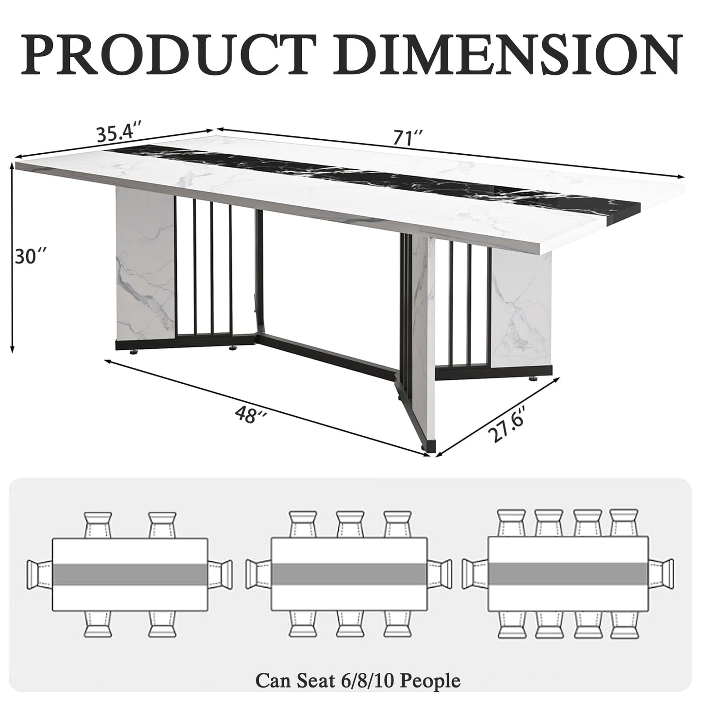 DalyLuxa 71inch Dining Table for 6-8 People, Large Rectangular Wood Kitchen Table with Marble Watrproof Tabletop and Adjustable Leg for Kitchen, Dining Room