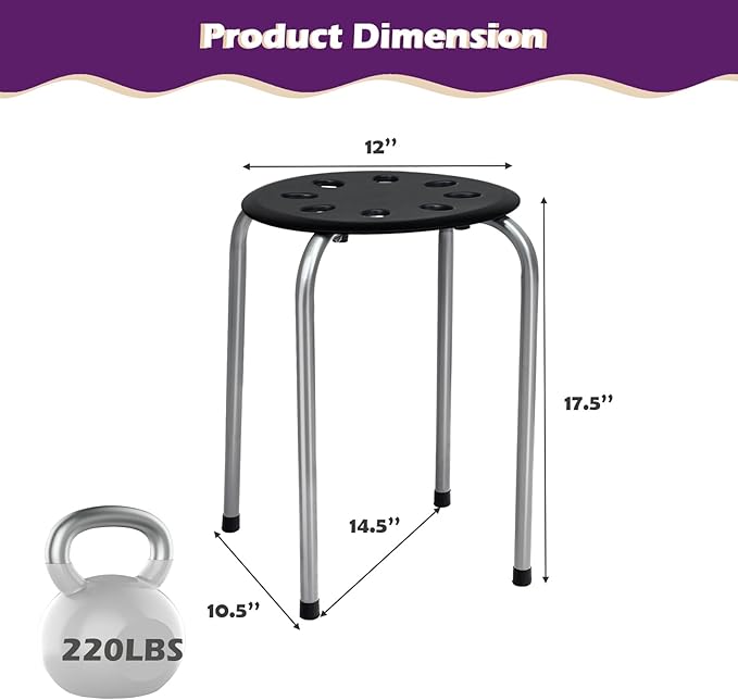 POWERSTONE Stackable Stools Set of 6, 17.5in Portable Stacking Bar Stool Grey Classroom Stools with Iron Legs Round Nesting Chairs Flexible Seating for Home Office School