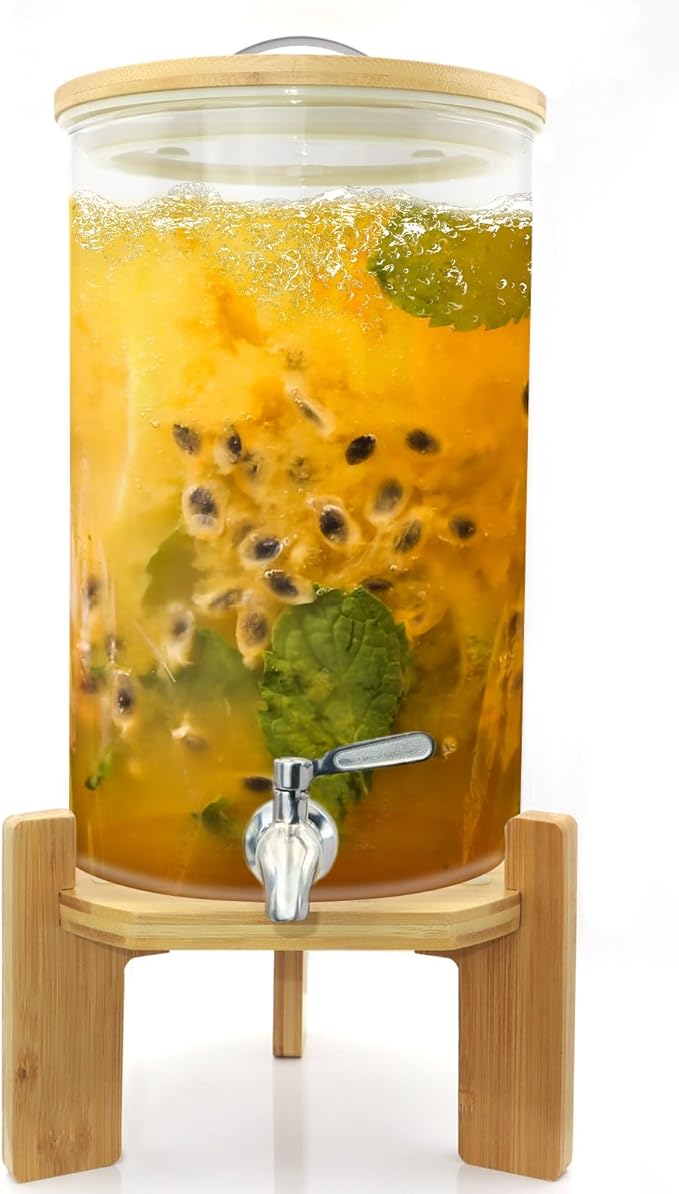 Glass Drink Dispenser with Stand,2.1 Gallons Wood Stand Cold Beverage Dispensers-Large Drink Dispensers For Parties,Bars,R...